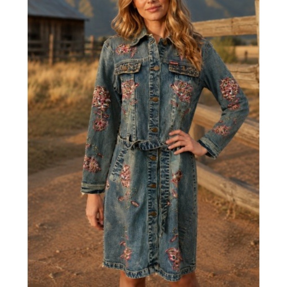 TOXK Womens Y2K Stud Embroidered‎ Denim Button Shirt Dress Western Rodeo Size M